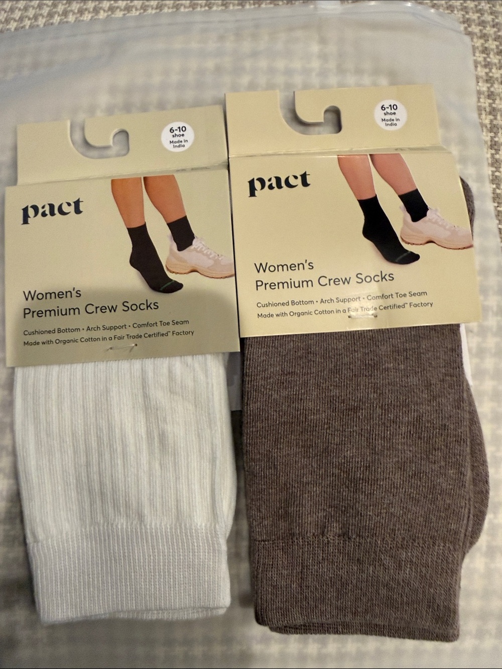 Pact Women's Organic Cotton Blend Crew Socks - White & Brown (2-Pack)- Size 6-10
